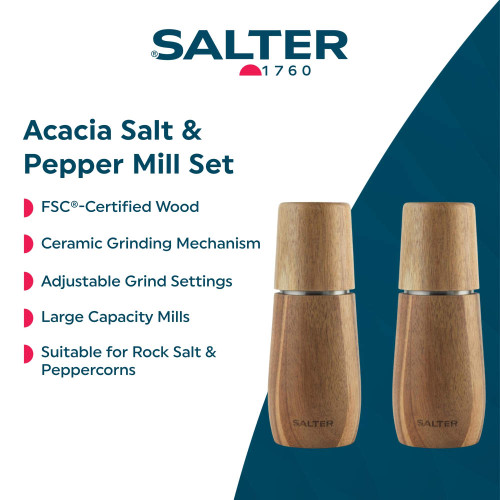 Two acacia wood salt and pepper mills with adjustable ceramic grinders.