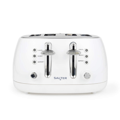 Four-slice white Salter toaster with cancel, reheat and defrost buttons, front view