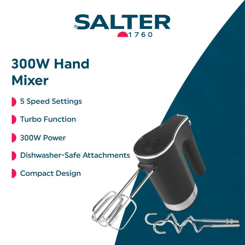 Black hand mixer with beaters, compact design, 5 speeds, turbo function and dishwasher-safe attachments.