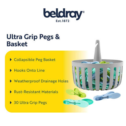 Grey collapsible peg basket with hook and 30 blue and green ultra grip pegs.