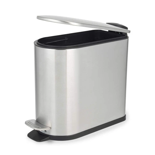 Slim stainless steel pedal bin with open lid, shown angled for detail.