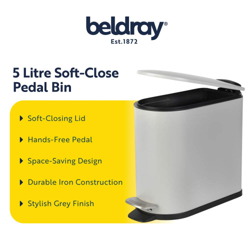 Beldray 5 litre grey pedal bin with soft-close lid, hands-free pedal, space-saving design.
