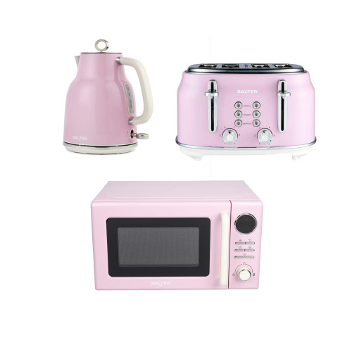 Salter pink microwave, kettle and 4-slice toaster set on white background