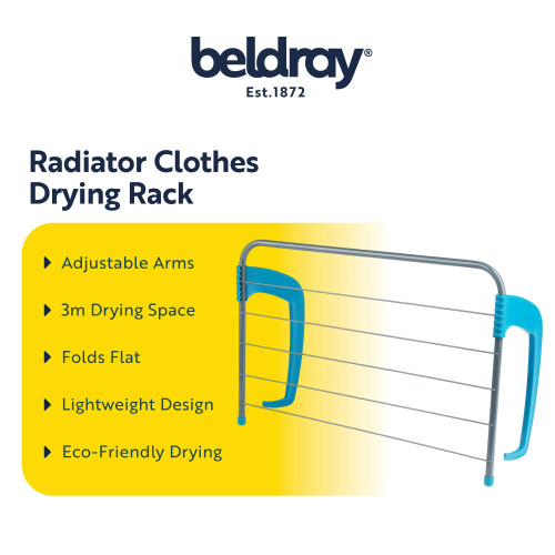 Radiator clothes drying rack with blue adjustable arms and foldable lightweight design