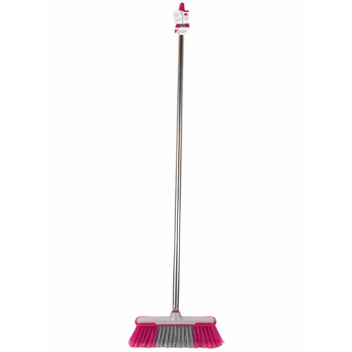 Kleeneze®1.2 m Soft-Bristle Broom | Stainless Steel | Grey/Pink  KL062437EU 5053191062437 