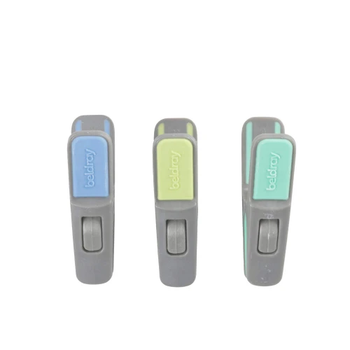 Set of three grey Beldray laundry pegs in blue, green, and teal, front view.