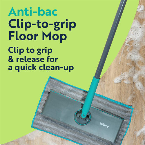 Grey clip-to-grip anti-bac floor mop on wood, shown cleaning with soapy water.
