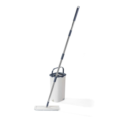 Flat mop with blue handle and white bucket, shown for home floor cleaning.