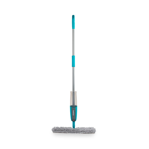 Blue spray mop with grey chenille microfibre pad shown upright on white background