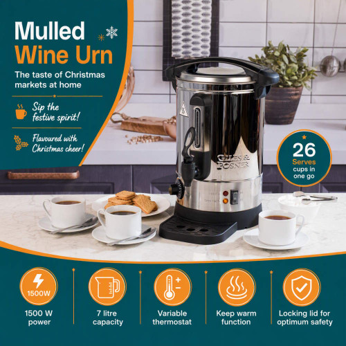 26-cup silver mulled wine urn with locking lid and keep-warm function