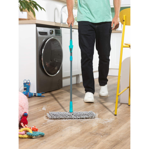 Grey double-sided telescopic flat mop with anti-bac pet cleaning head in packaging