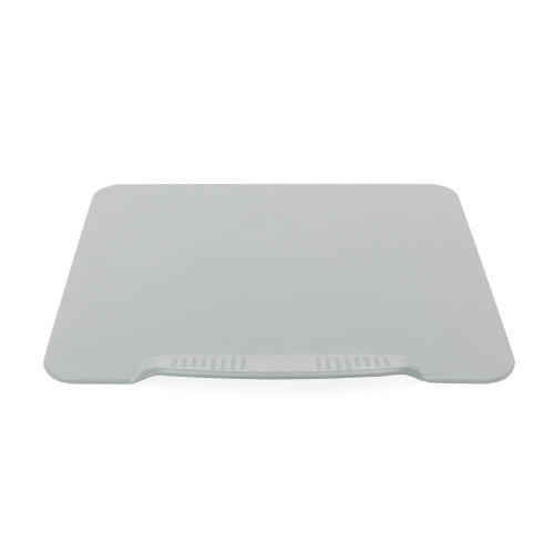Light green plastic chopping board with integrated grater, shown on white background