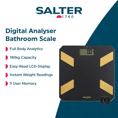 Black and gold digital bathroom scale with LCD display, 180kg capacity, and body analyser features