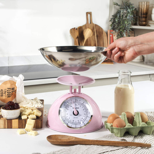 Box of Salter retro pink mechanical kitchen scales with bowl, 5kg capacity