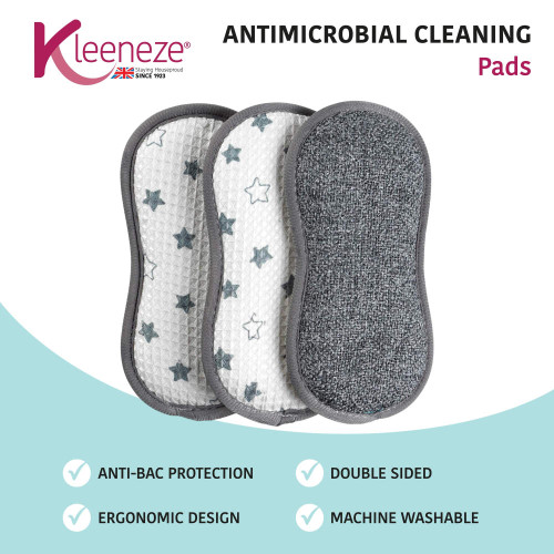 Pack of three double-sided grey antimicrobial cleaning pads, ergonomic and machine washable.