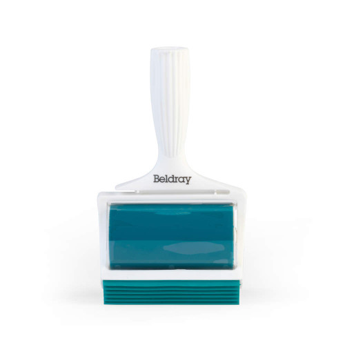 Teal Beldray lint roller with white handle shown upright