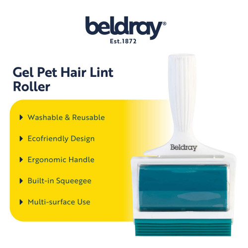 Teal gel pet hair lint roller with ergonomic handle and built-in squeegee, shown in use context.