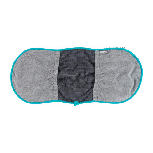 Grey and teal double-sided cleaning mitt, textured microfibre, shown flat