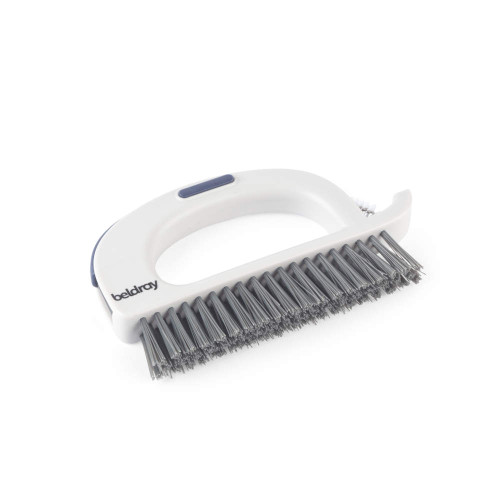 Heavy-duty scrubbing brush with white handle and grey bristles, suitable for cleaning.