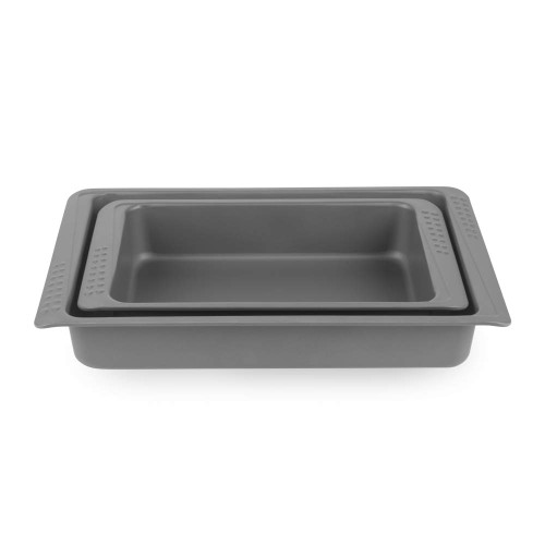 Set of two grey non-stick baking trays nested together, shown from above.