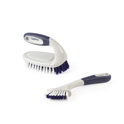 Set of two Beldray cleaning brushes, white and navy handles, for household scrubbing.