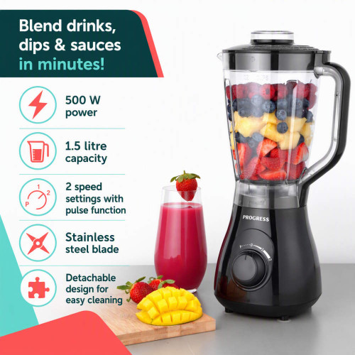 Black blender with fruit-filled jug and feature highlights