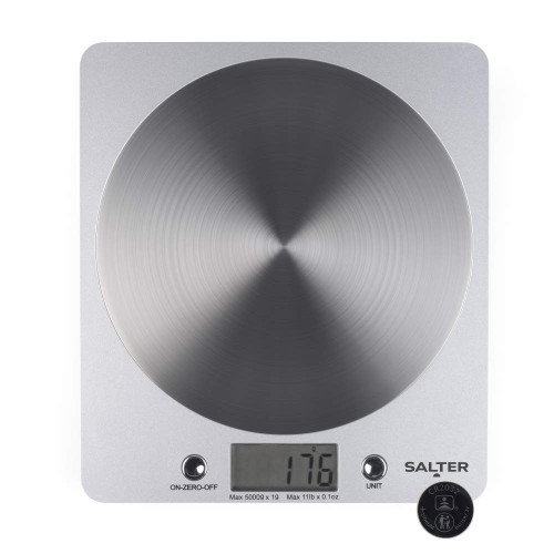 Silver digital kitchen scale with circular stainless steel platform, battery included.