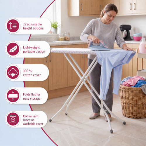 Woman ironing shirt on adjustable pink ironing board in kitchen
