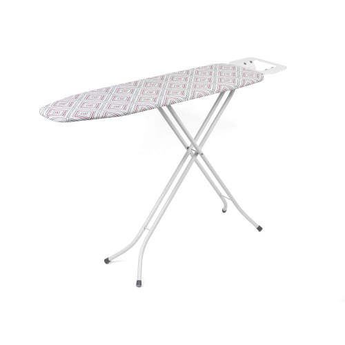 Ironing board with pink and grey geometric cover, shown from side view