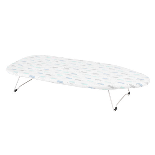 White tabletop ironing board with geometric patterned cover, foldable legs