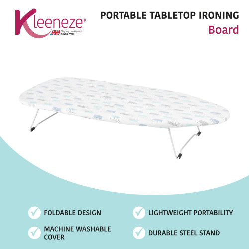 Portable tabletop ironing board with foldable legs, patterned cover, and steel stand.