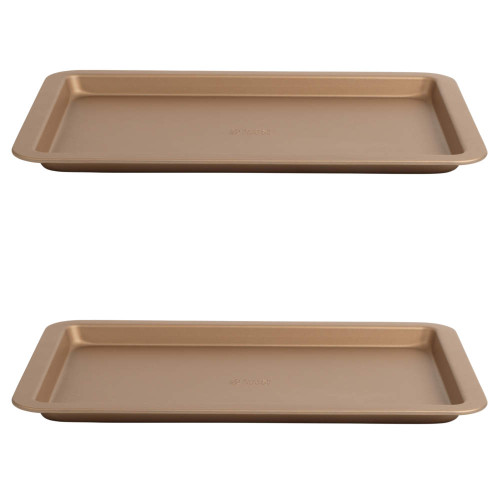 Set of two gold non-stick baking trays, rectangular, shown empty.