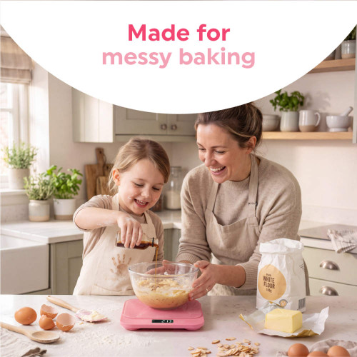 Banner: mum and child baking with pink kitchen scales