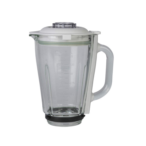 Replacement glass blender jug with handle and lid, transparent with white plastic lid