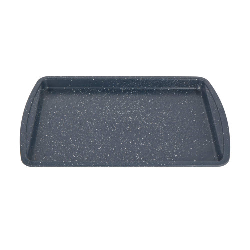 Large blue non-stick baking tray with white speckles, shown from above.