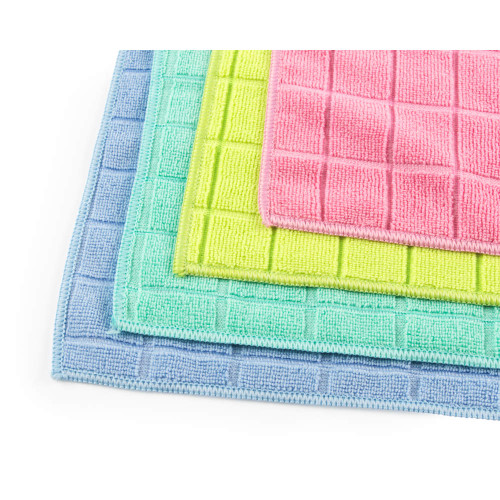 Pack of four textured microfibre cleaning cloths in pink, yellow, green and blue.
