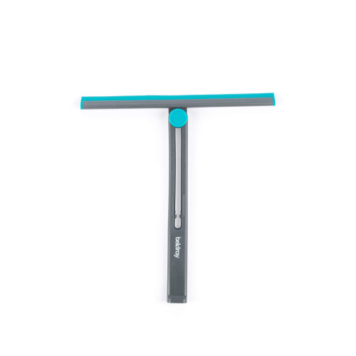 Grey and teal window squeegee with straight handle, shown on white background