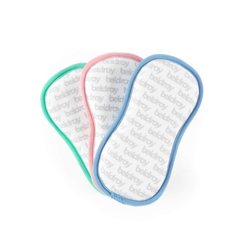 Pack of three Beldray microfibre cleaning pads in blue, pink and green trim.