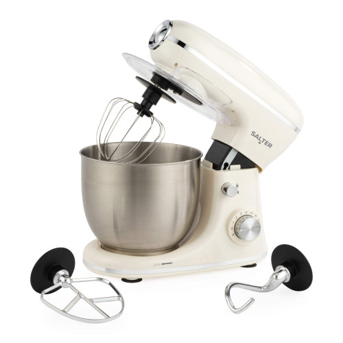 Cream stand mixer with stainless steel bowl, whisk, dough hook and beater