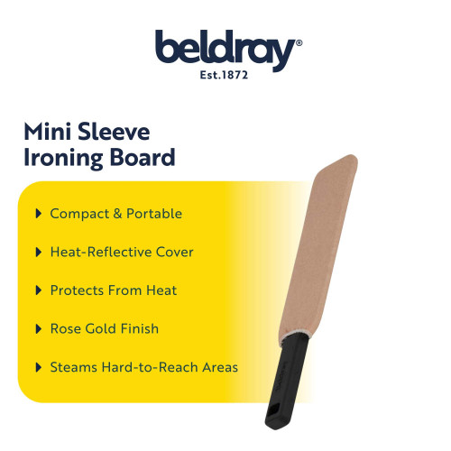 Mini sleeve ironing board with rose gold finish and black handle, ideal for compact ironing.