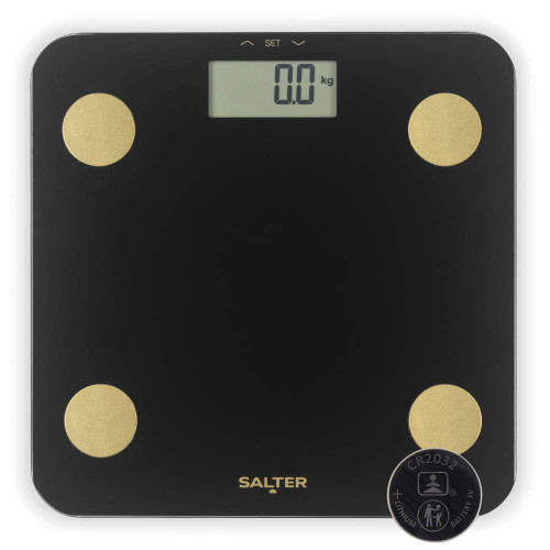 Black digital bathroom scale with gold sensors, Salter logo and digital display