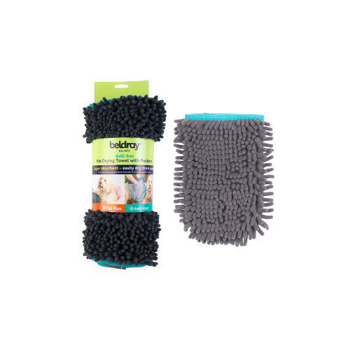 Grey chenille pet drying towel with pockets, shown in packaging and unfolded.