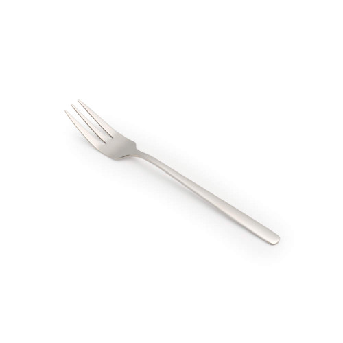 Silver dessert fork shown on white background
