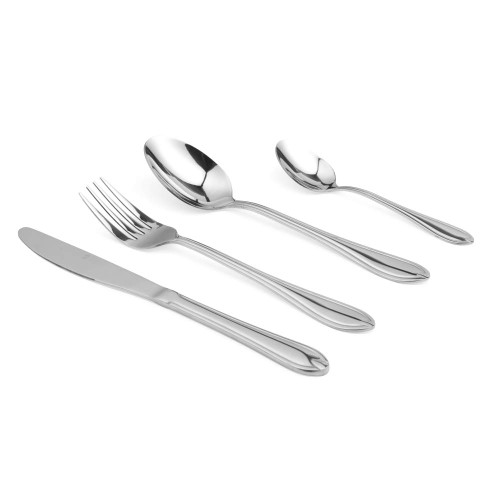 Set of four silver stainless steel cutlery pieces: knife, fork, dessert spoon, teaspoon
