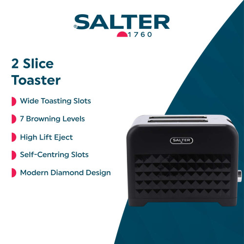 Black 2-slice toaster with diamond design, wide slots, 7 browning levels, and high lift eject