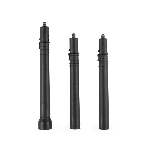 Set of three black pressure washer extension wands, shown upright.