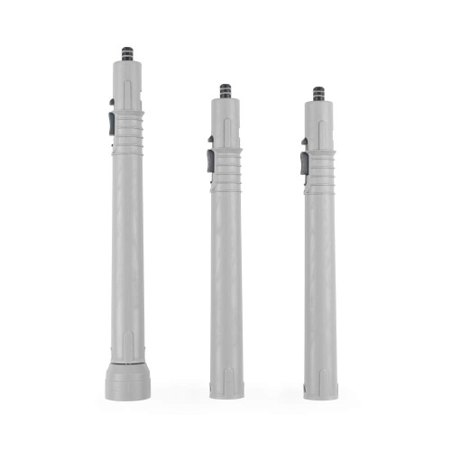 Grey telescopic furniture leg set, three pieces shown upright for product identification