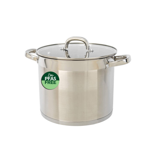 Large silver stock pot with glass lid and PFAS free label on the side