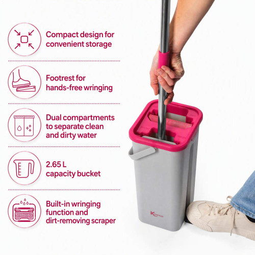 Compact grey mop bucket with pink wringer, foot pedal and dual water compartments