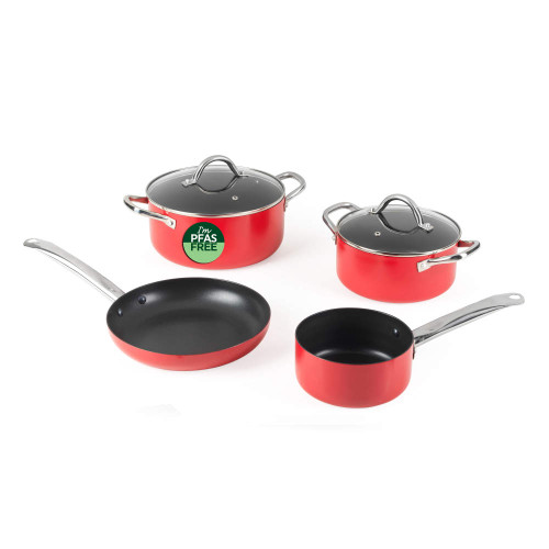 Four-piece red non-stick cookware set with lids, includes PFAS-free label